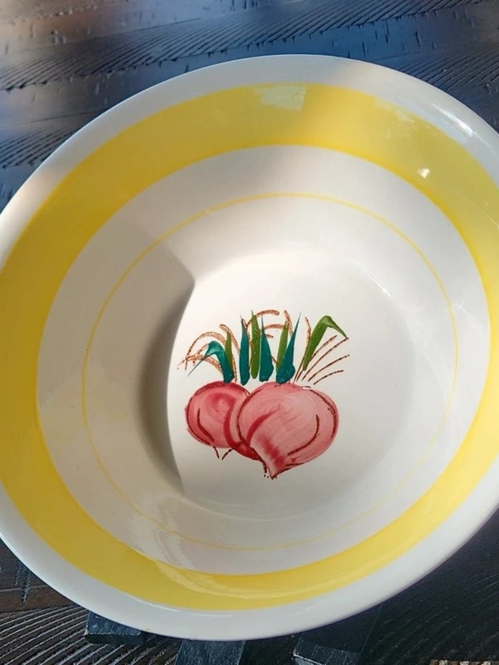 Hand-Painted White Ceramic Serving Bowl with Yellow Rim and Red Radish Motif